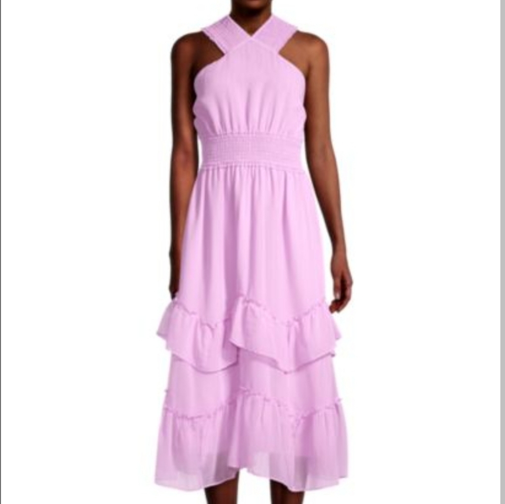 Betsey Johnson Phoebe Buffay Midi Dress Lilac Sleeveless V-Neck XS Wavy Ruffle